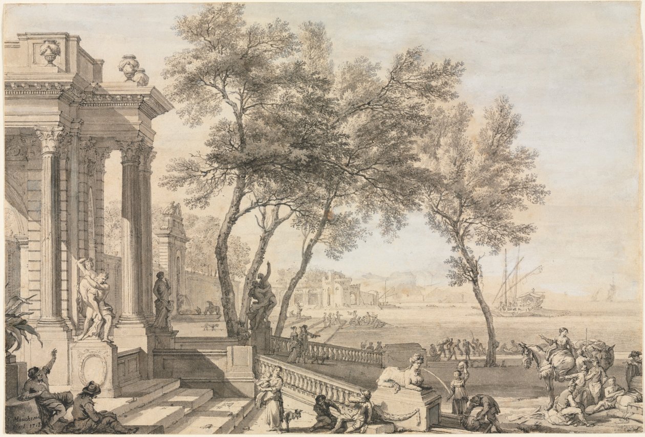 Scena di Porto Fantastica con Architettura e Figure, 1713 da Isaac de Moucheron