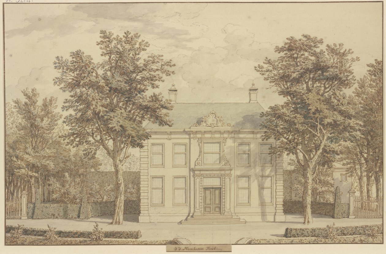 Giardino con siepe di tassi e una casa tra due alberi da Isaac de Moucheron