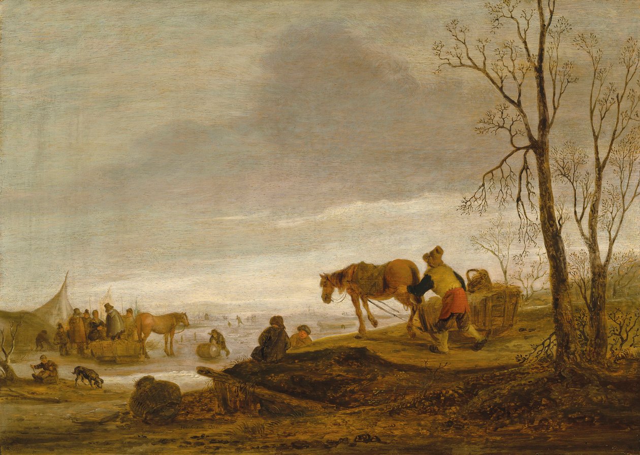 Un paesaggio invernale con figure su un fiume ghiacciato da Isaac van Ostade