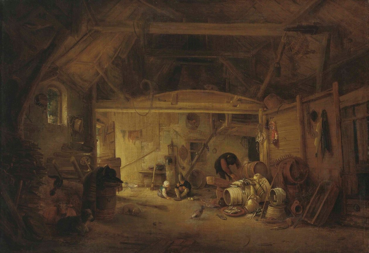 Tedesco: Scheuneninterieur Interno di un fienile con due bambini che mangiano e un uomo che lavora da Isaac van Ostade