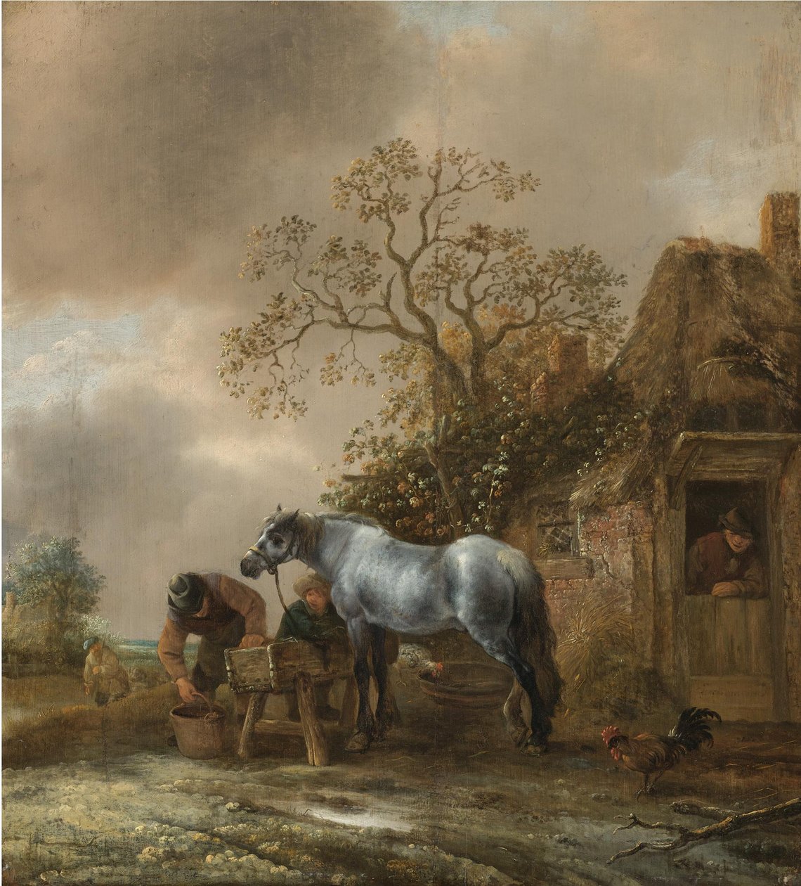 Paesaggio con contadini che danno da mangiare a un cavallo davanti a un casolare da Isaac van Ostade