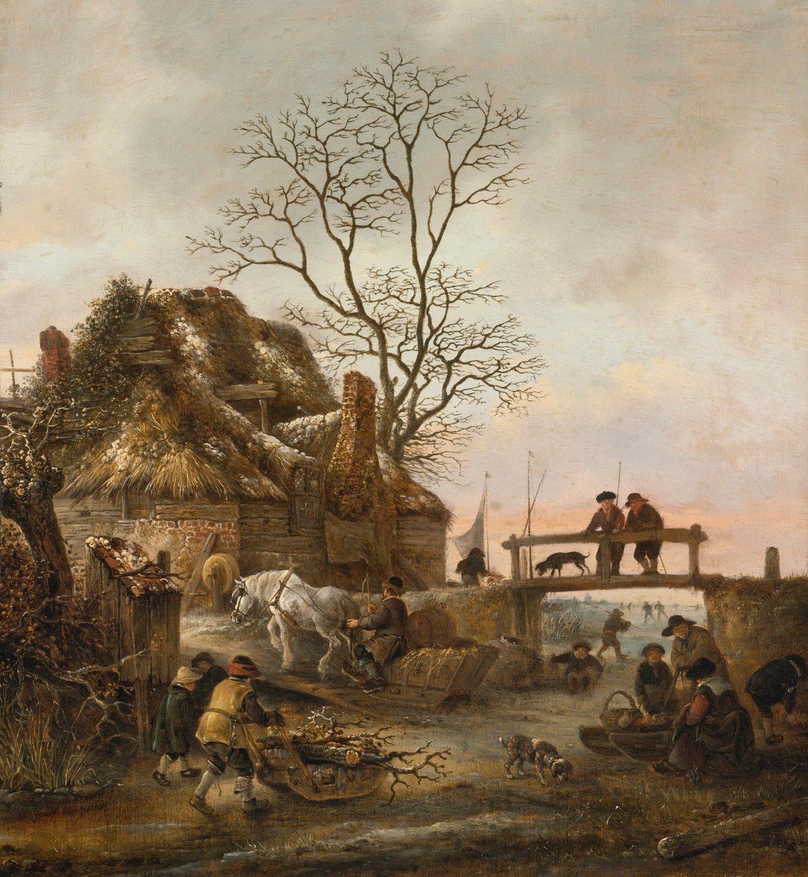 Paesaggio invernale con casetta vicino a un ponte da Isaac van Ostade