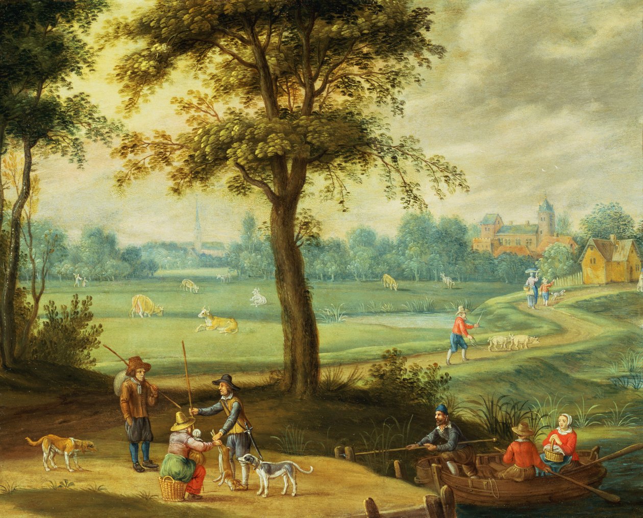 Paesaggio di un villaggio lungo un fiume da Isaak van Oosten