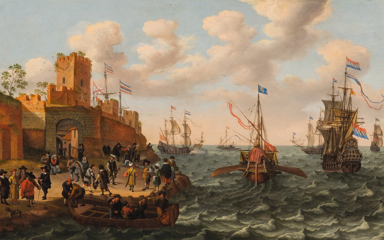Un tre alberi olandese e una galera papale con altre navi lungo la costa di una città fortificata, c.1662 da Isaak Willaerts