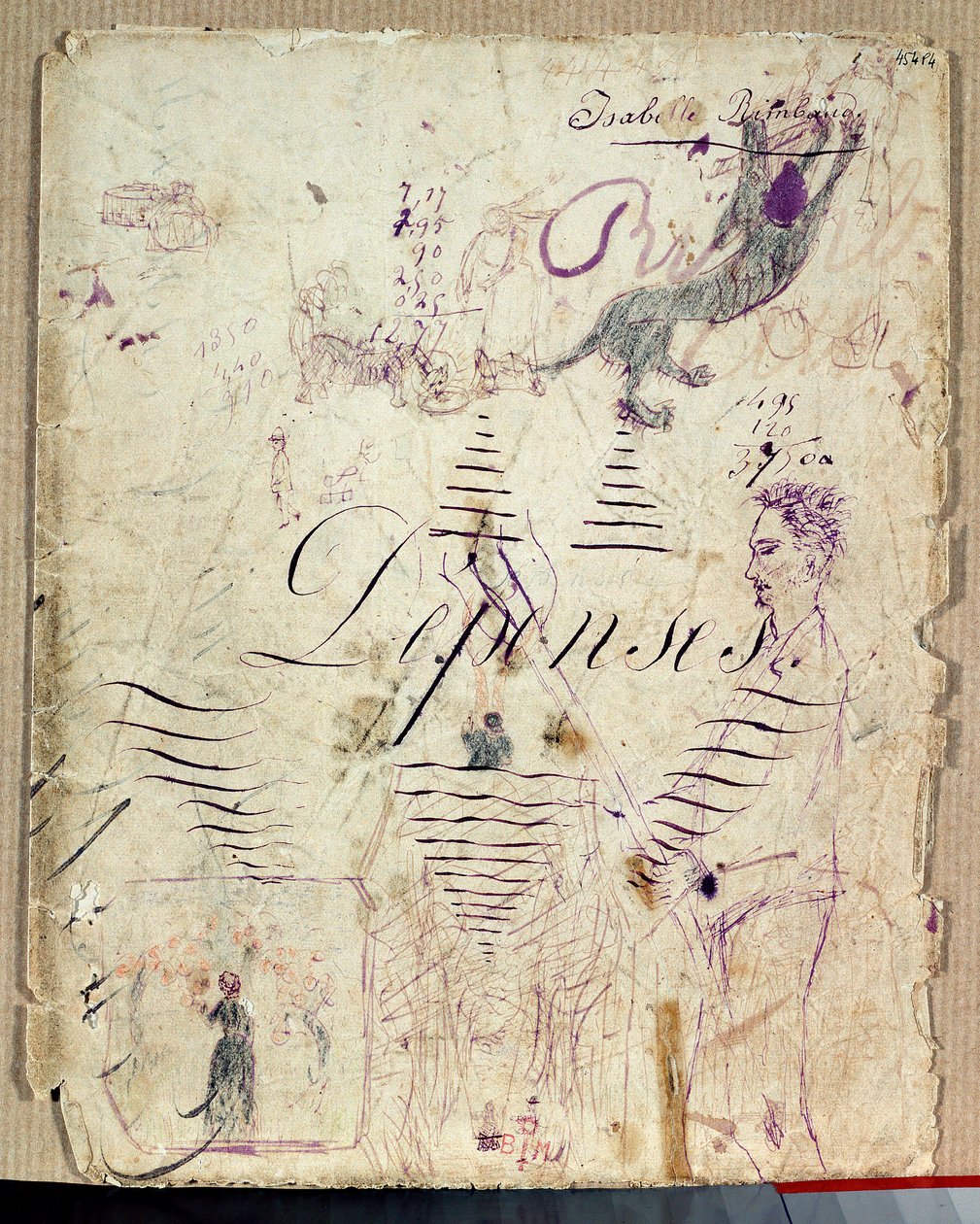 Arthur Rimbaud aiuta la raccolta. Disegno di Isabelle Rimbaud in inchiostro viola su foglio di bozze di un libro di spese da Isabelle Rimbaud
