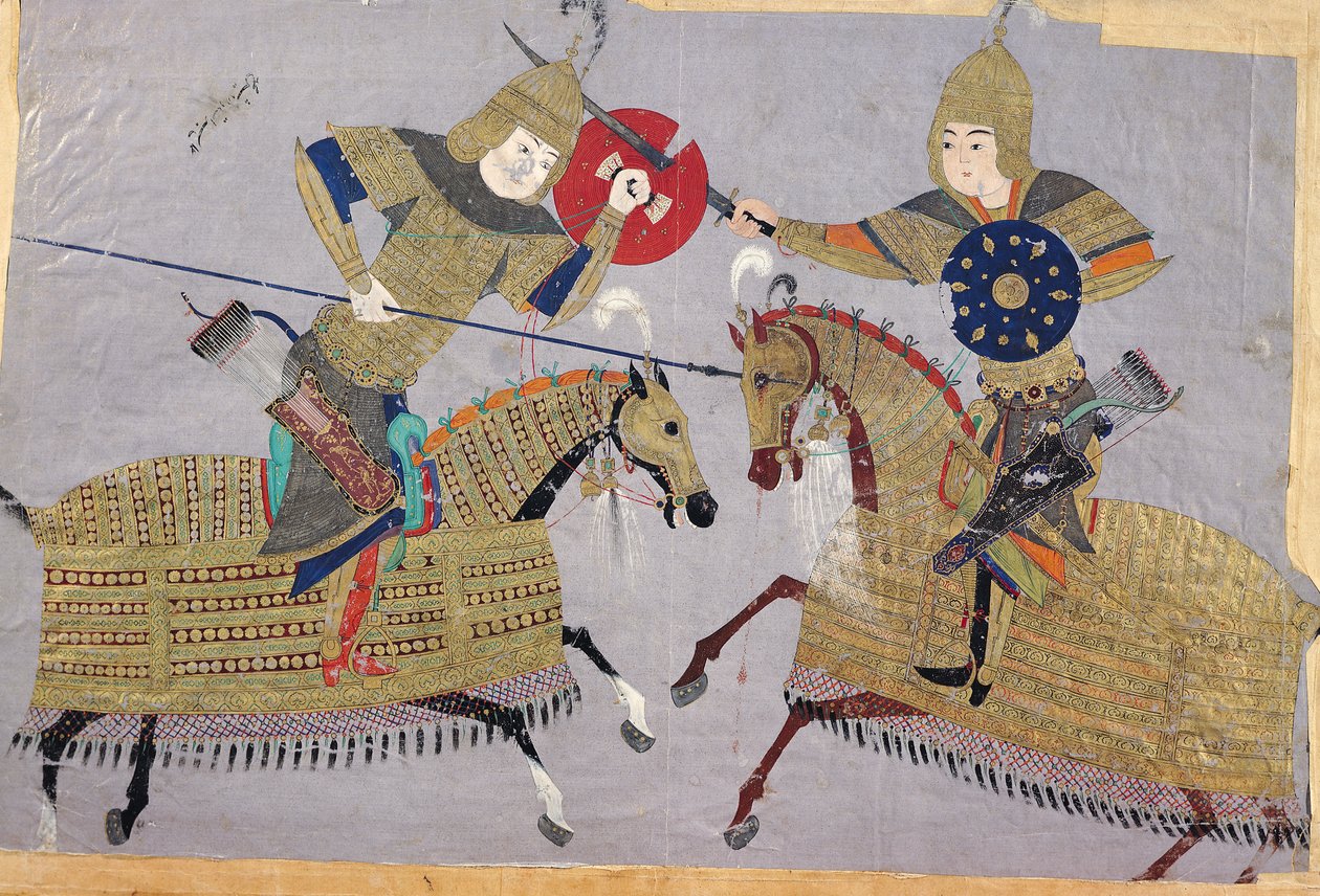 Due guerrieri a cavallo in combattimento, Scuola di Tabriz, c.1480 da Islamic School