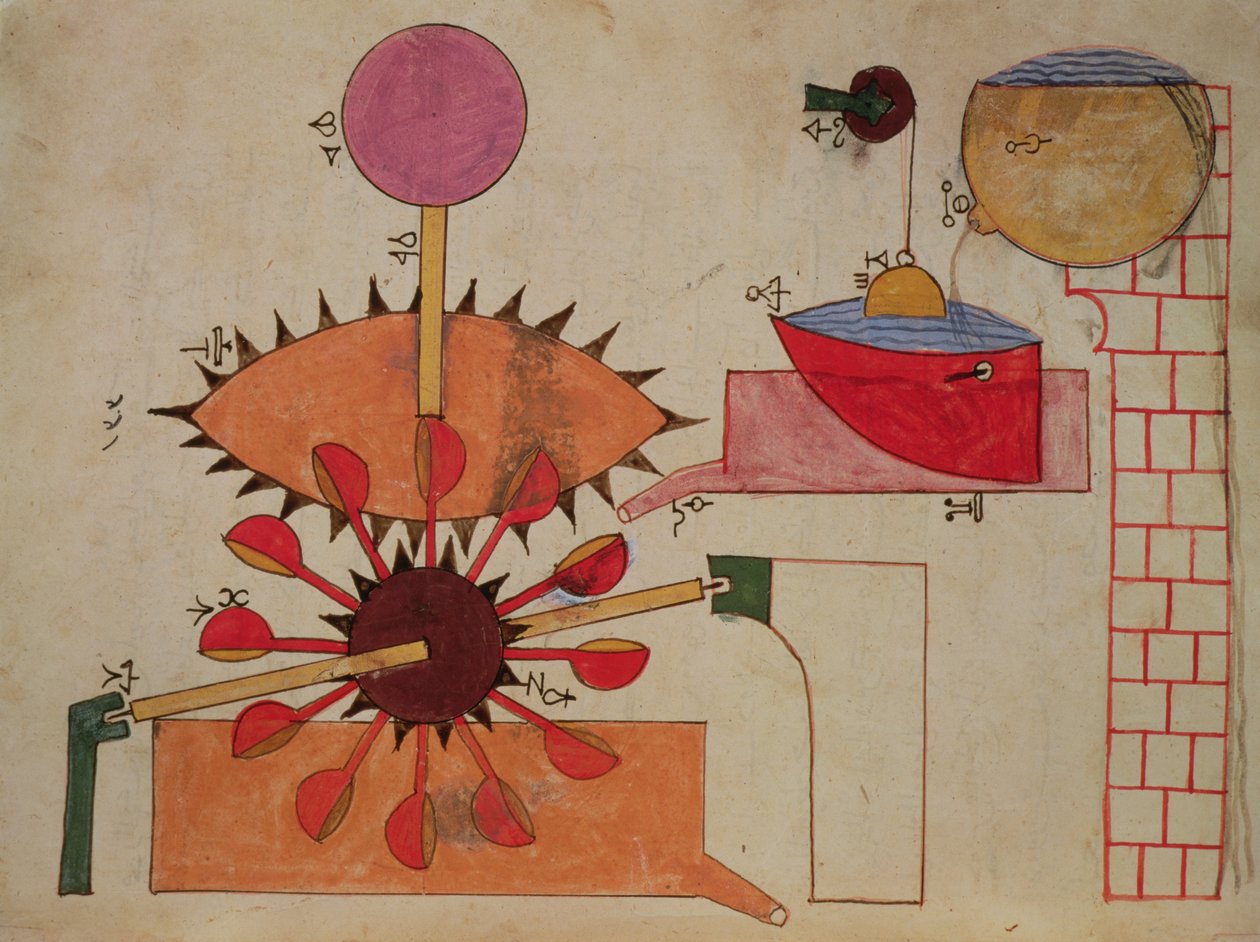 Diagramma di un sistema per pompare acqua in una vasca, dal Libro della Conoscenza dei Dispositivi Meccanici Ingegnosi di Al-Djazari, 1206 da Islamic School