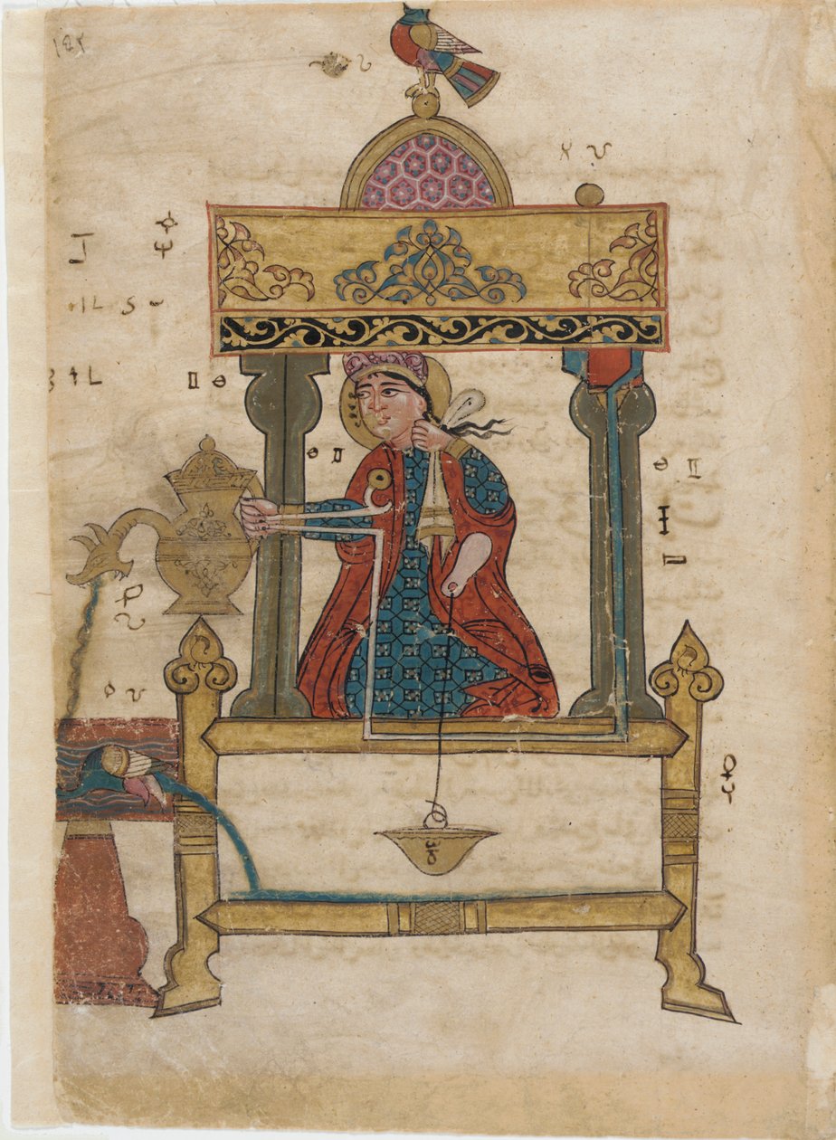 Automata per il lavaggio delle mani con meccanismo di scarico, foglio da Il Libro dei Dispositivi Meccanici Ingegnosi; di Al-Djazari, 1315 da Islamic School