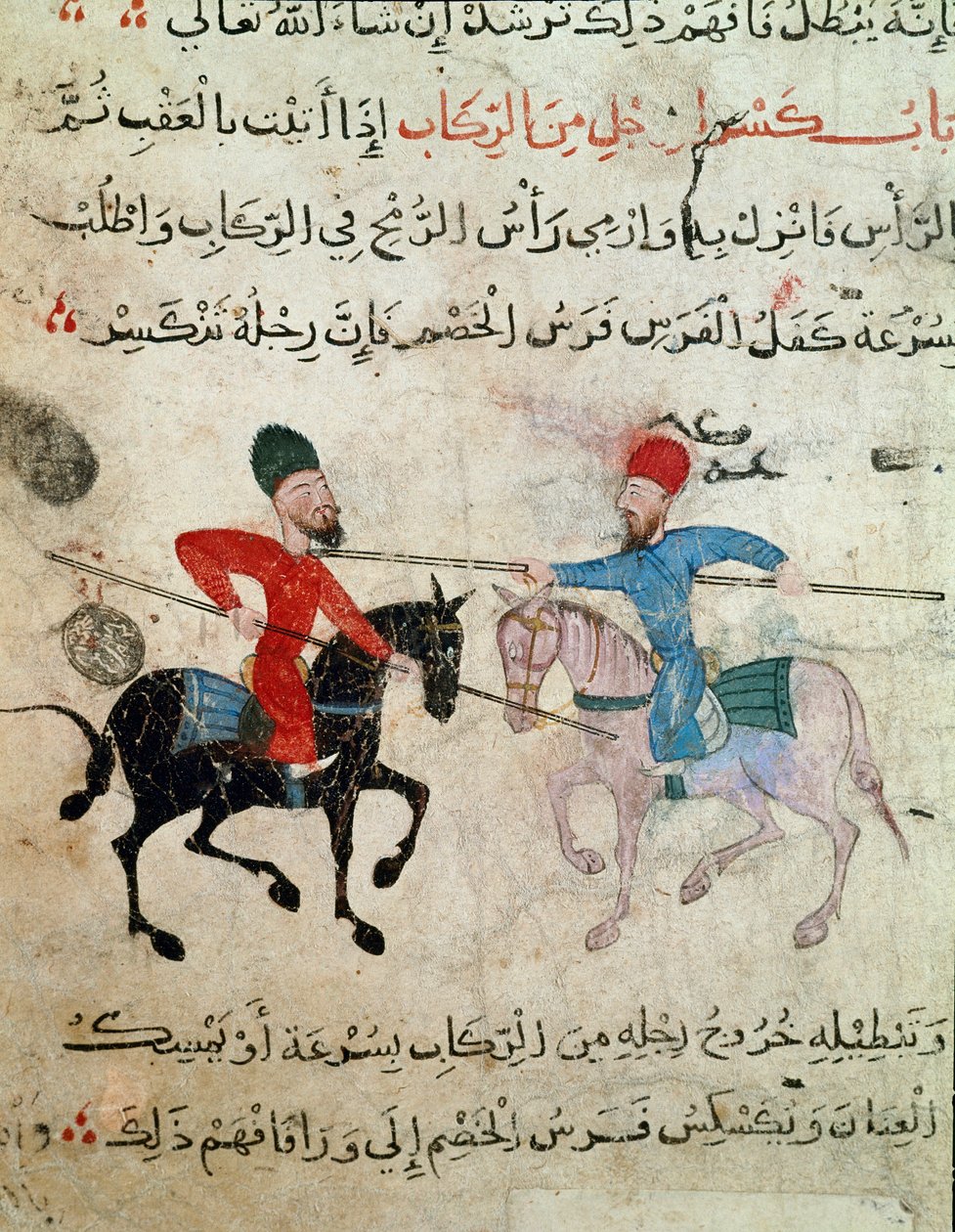 Arte islamica: Disegno su pergamena del periodo Fatimide (X-XI secolo) - Scena di duello tra due cavalieri - Dipinto su papiro da Islamic School