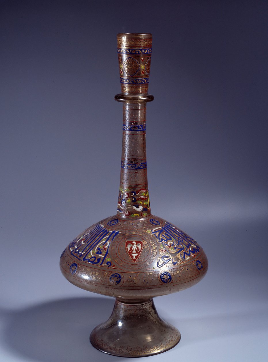 Arte islamica: bottiglia con lungo collo di vetro smaltato del Vice Re Tuquztemur. 1345 circa. dall