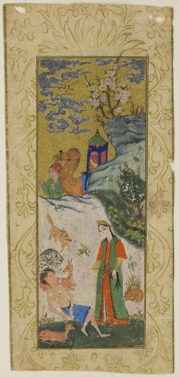 Layla visita Majnun nel deserto, pagina da una copia del Khamsa di Nizami da Islamic School