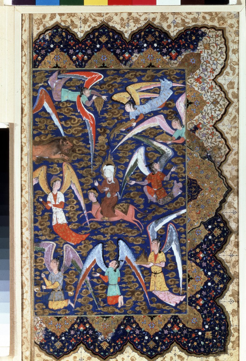 Il profeta Maometto durante il Mirac, la sua ascensione verso il settimo cielo sul suo cavallo Al-Buraq da Islamic School