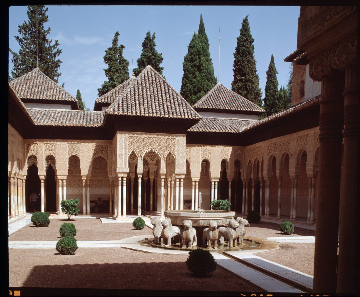 Vista del Cortile dei Leoni, cortile principale del Palazzo dei Leoni della dinastia Nasride da Islamic School