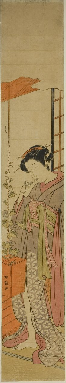 Cortigiana che ammira le glorie del mattino mentre si pulisce i denti da Isoda Koryusai