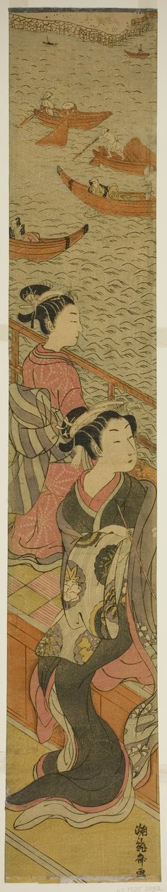 Cortigiana e il suo attendente su un balcone che si affaccia sul fiume da Isoda Koryusai