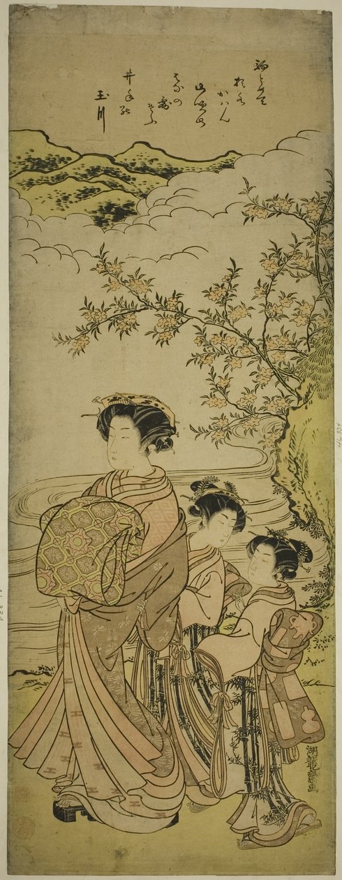 Cortigiana e Due Assistenti che Sfilano lungo un Ruscello da Isoda Koryusai