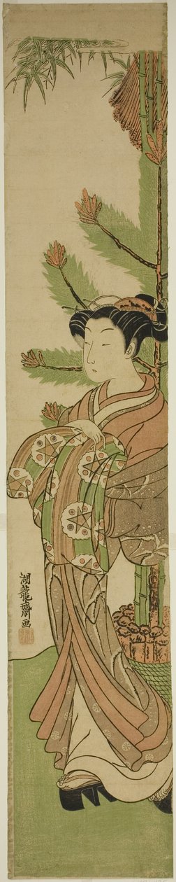 Cortigiana davanti alla decorazione di Capodanno di pino e bambù da Isoda Koryusai