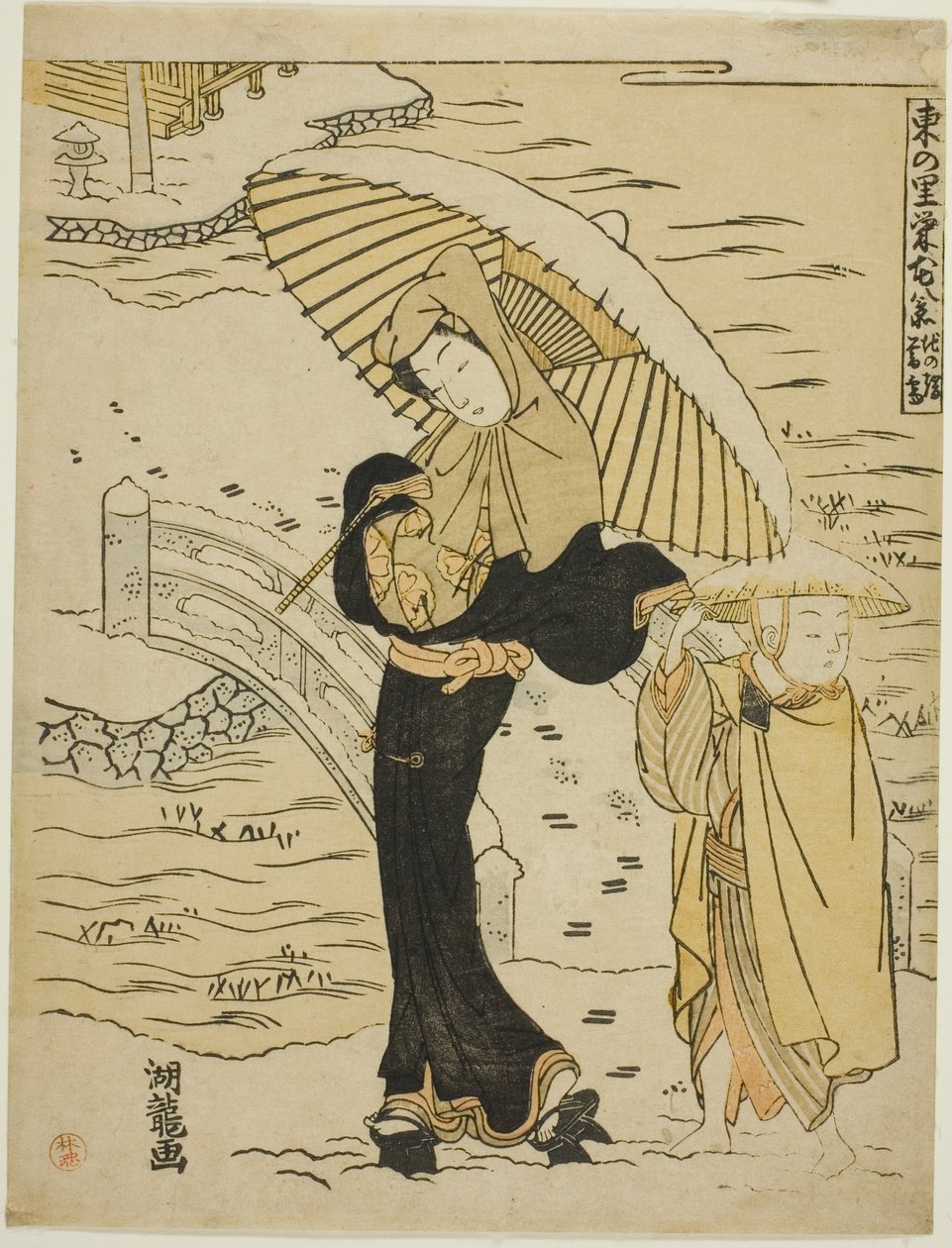 Neve serale a Ikenohata (Ikenohata bosetsu), dalla serie "Otto vedute della prosperità nel villaggio orientale (Azuma no sato eiga hakkei)" da Isoda Koryusai