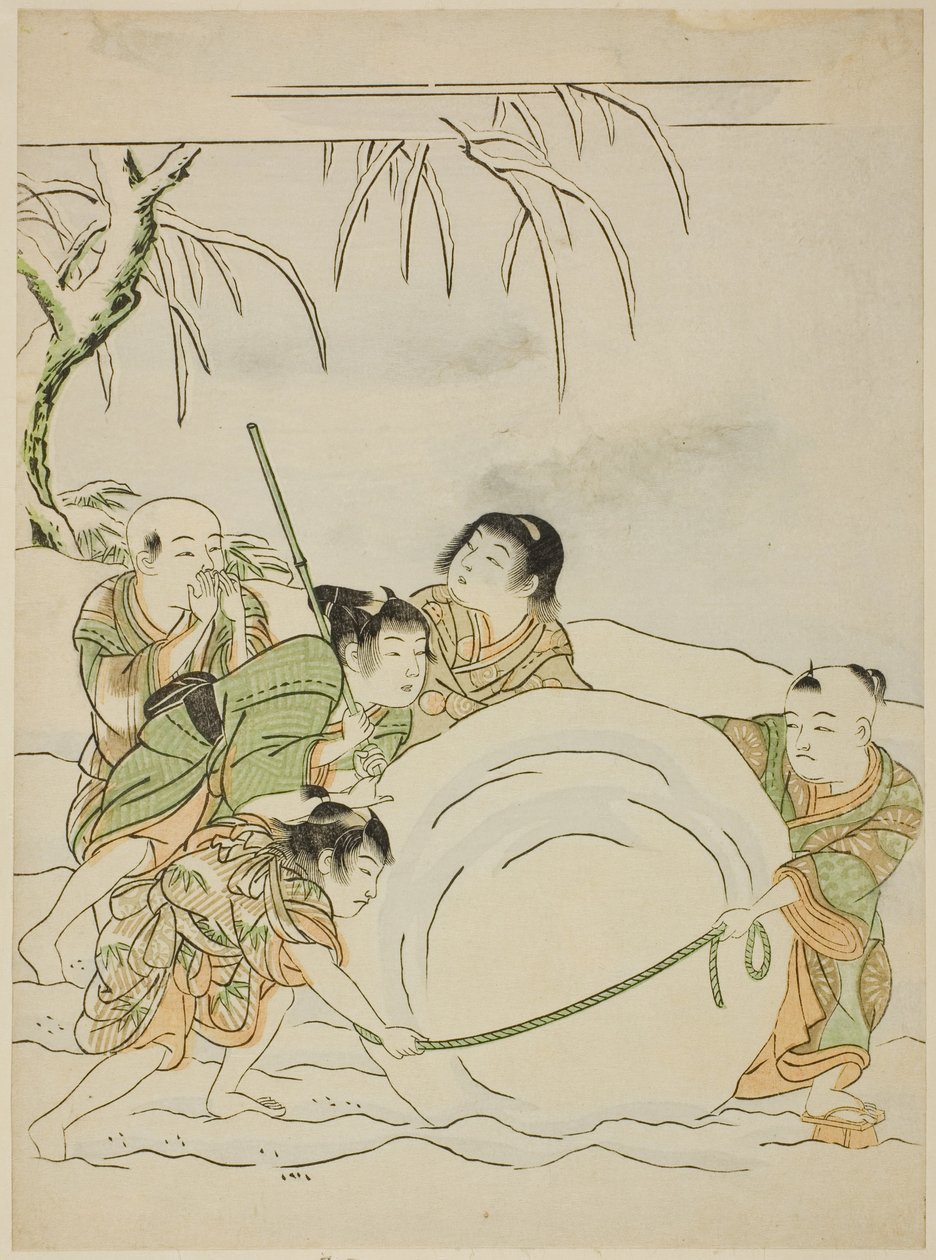 Cinque ragazzi che rotolano una grande palla di neve da Isoda Koryusai