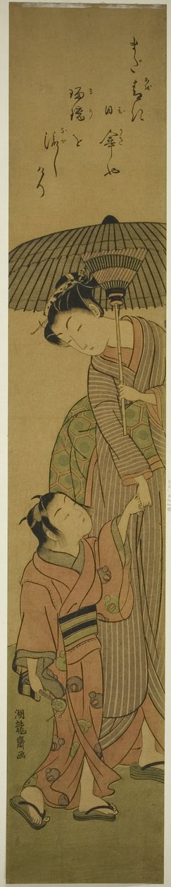 Donna e bambino sotto un parasole da Isoda Koryusai