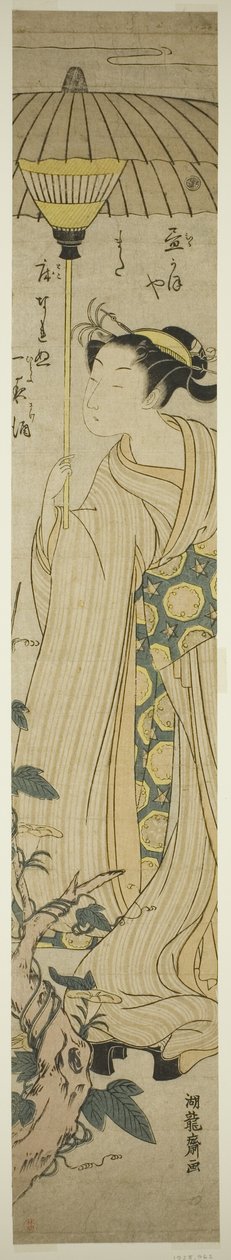 Giovane donna con parasole ammira i fiori di Hirugao (volto di mezzogiorno) da Isoda Koryusai