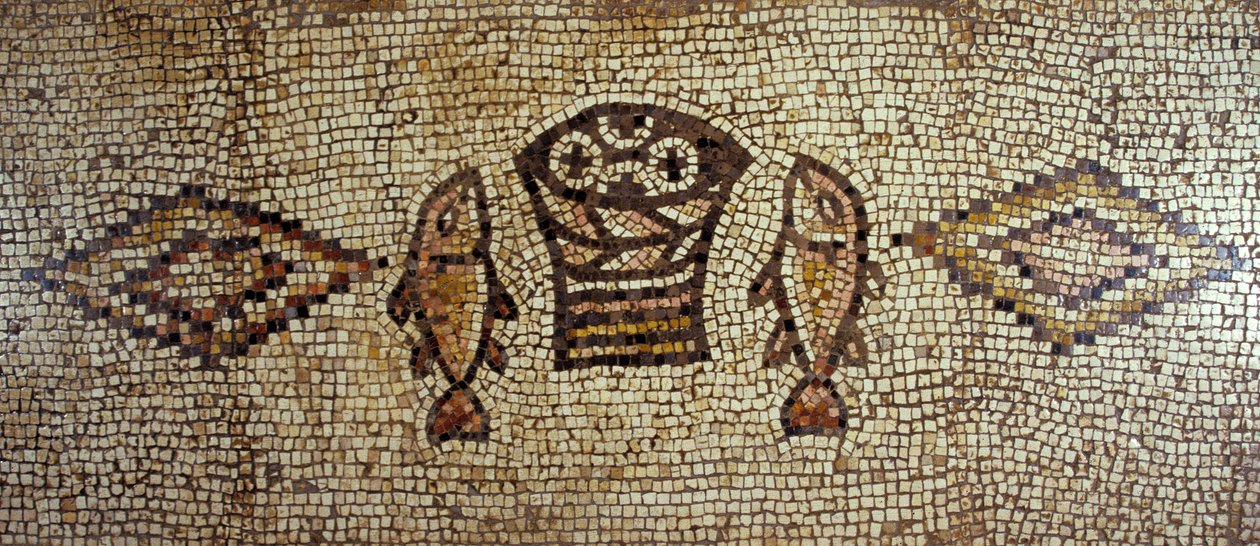 Mosaico bizantino che raffigura pesci e pani (piastrelle di ceramica) da Israeli School