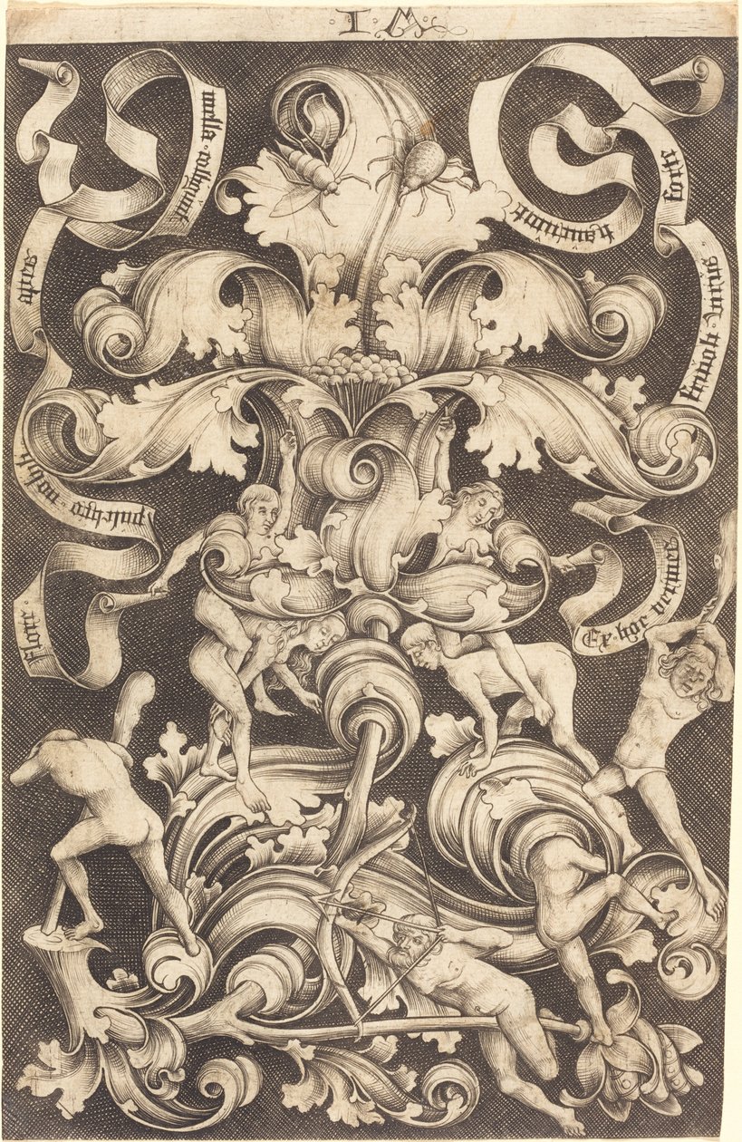 Ornamento con fiore e otto selvaggi da Israhel van Meckenem