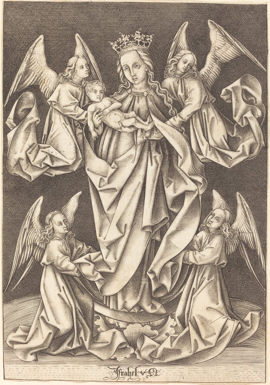 La Madonna e Bambino sulla Mezzaluna Sostenuta da Quattro Angeli da Israhel van Meckenem