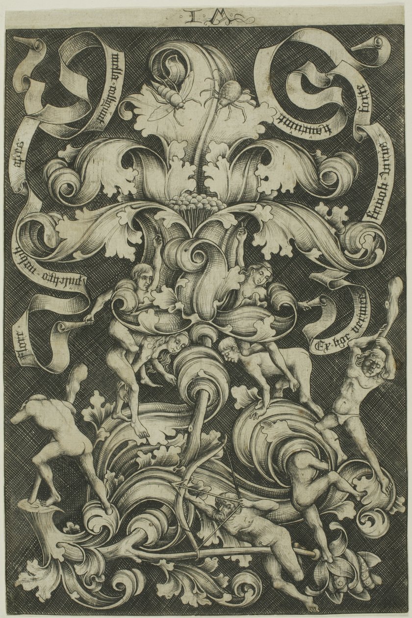 Ornamento con fiore e otto personaggi selvatici da Israhel van Meckenem the younger