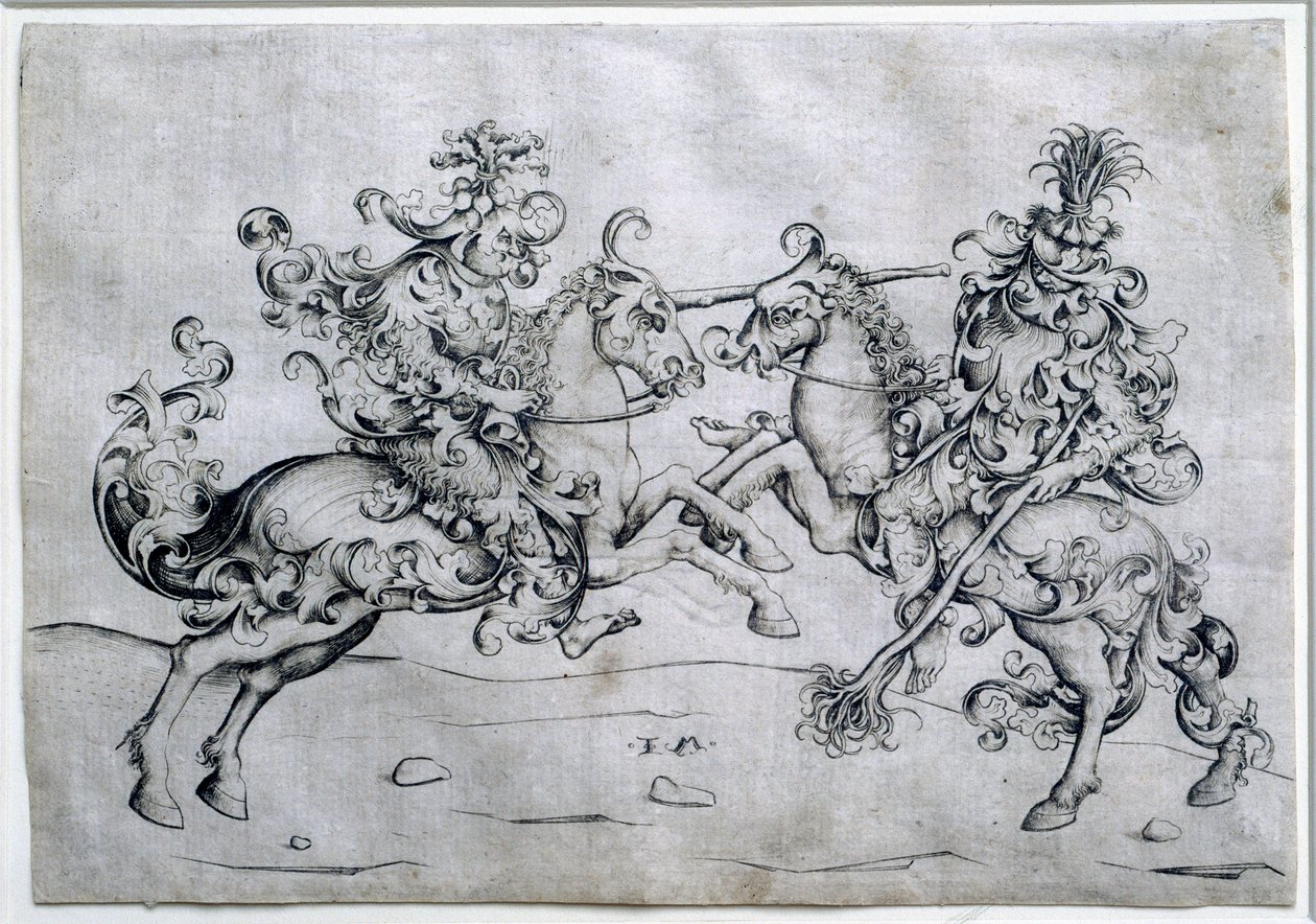 Due cavalieri che giocano. Gioco di due uomini a cavallo. Disegno di Israel Van Meckenem (ca. 1440-1503). Museo del Louvre da Israhel van the younger Meckenem