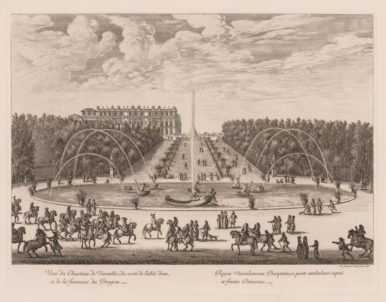 Veduta del Castello di Versailles, dal lato del viale e della fontana del Drago da Israël Silvestre