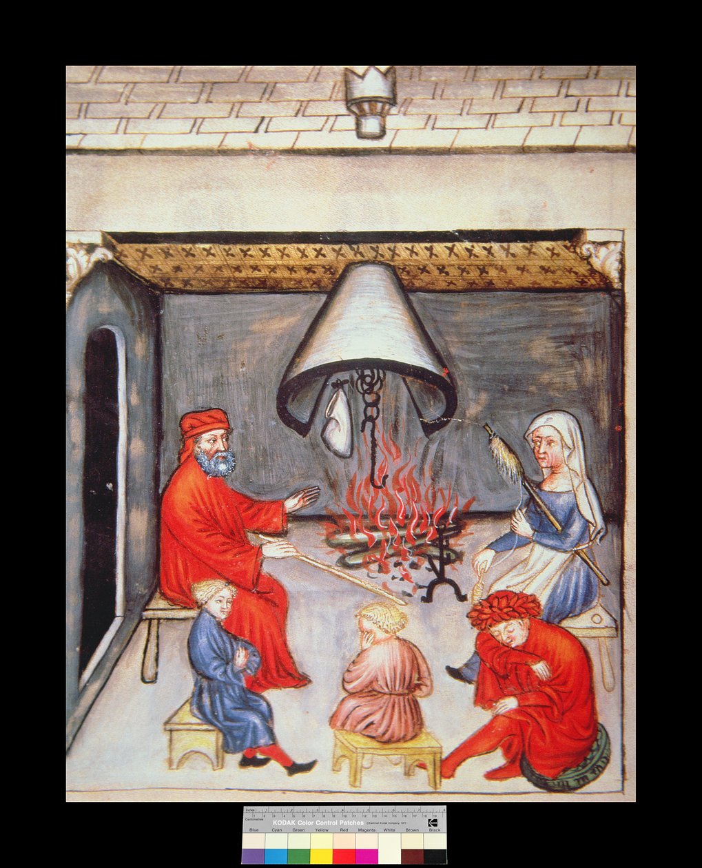 Conversazione davanti al fuoco, illustrazione dal Tacuinum Sanitatis Codex Vindobonensis da Italian School