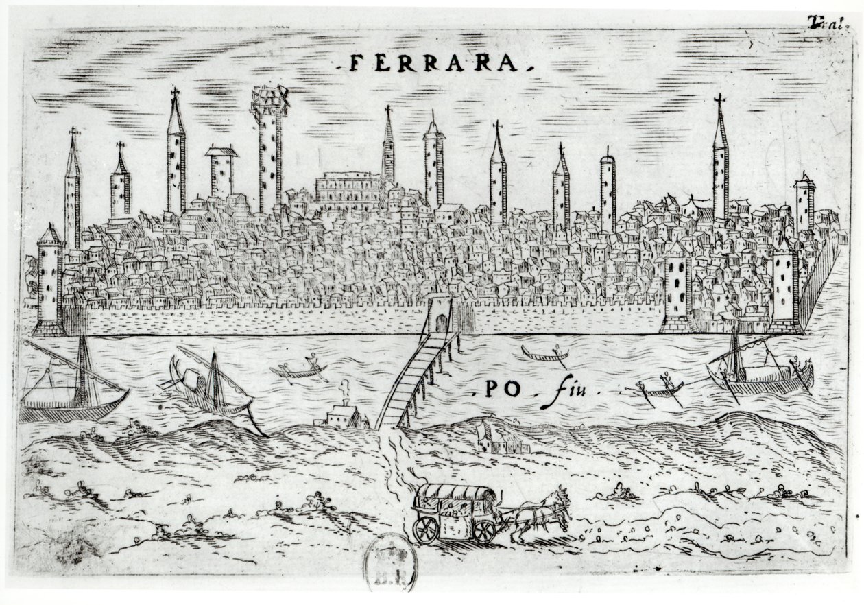 Veduta panoramica di Ferrara dalla riva opposta del Po da Italian School