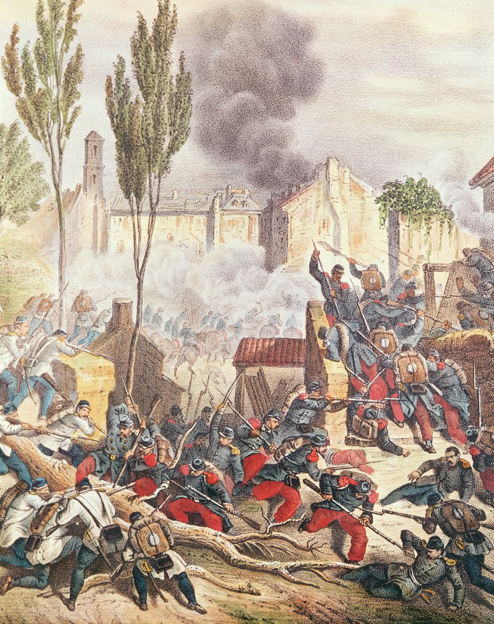 I piemontesi e i francesi alla battaglia di Magenta nel 1859 (incisione a colori) da Italian School