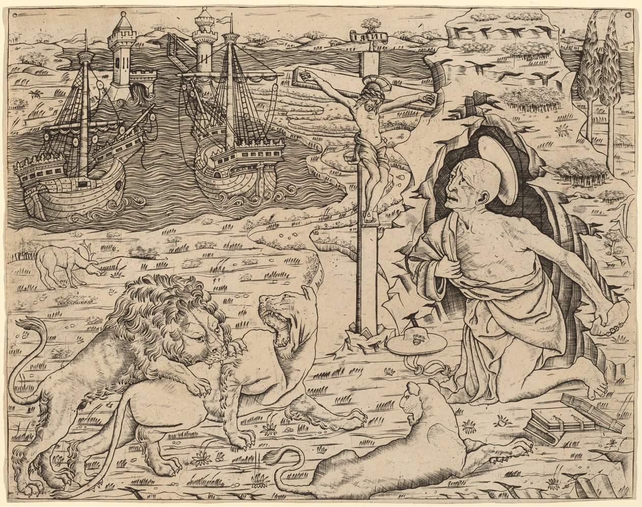 San Girolamo in Penitenza, con Due Navi in un Porto da Italian 15th Century
