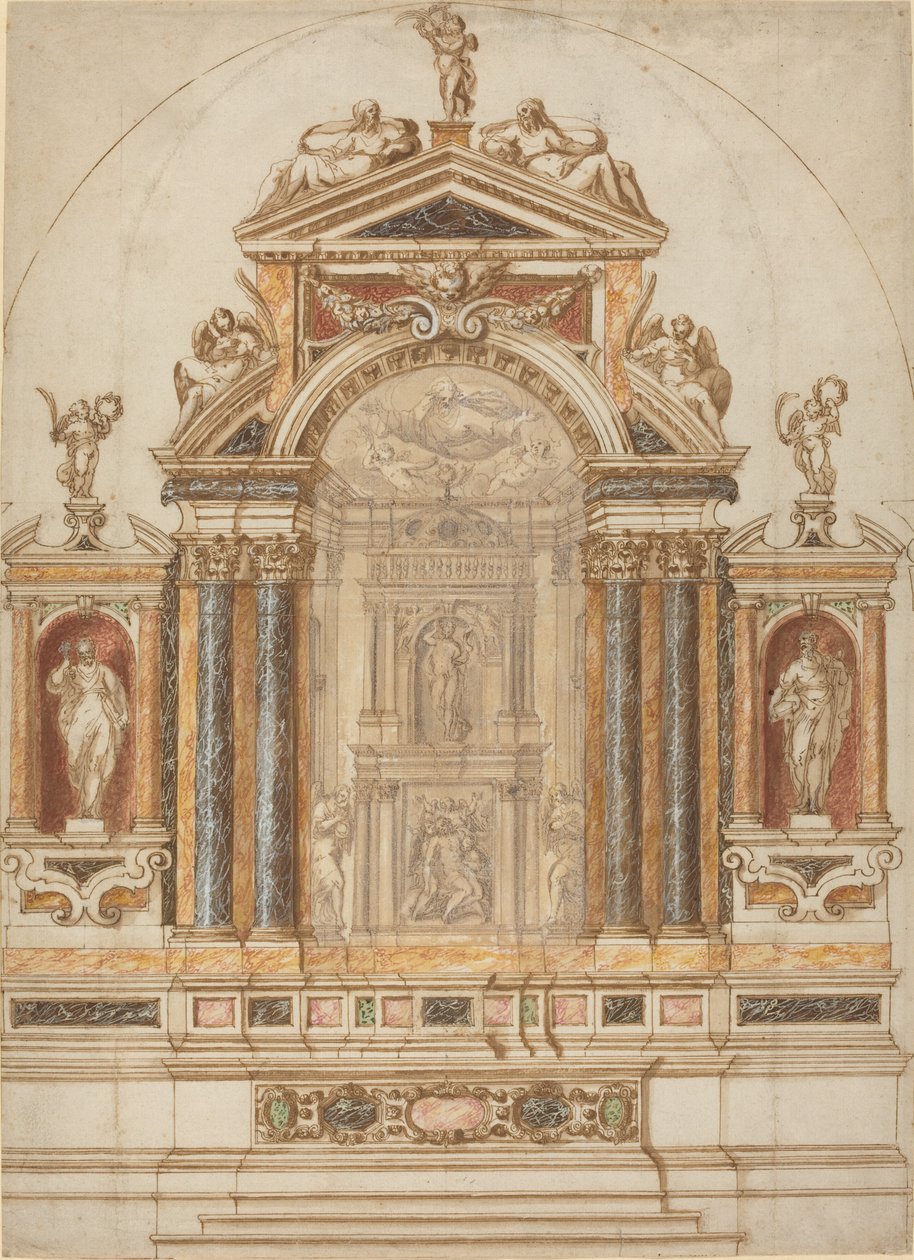 Un elaborato altare di marmo colorato ornato di sculture da Italian 17th Century