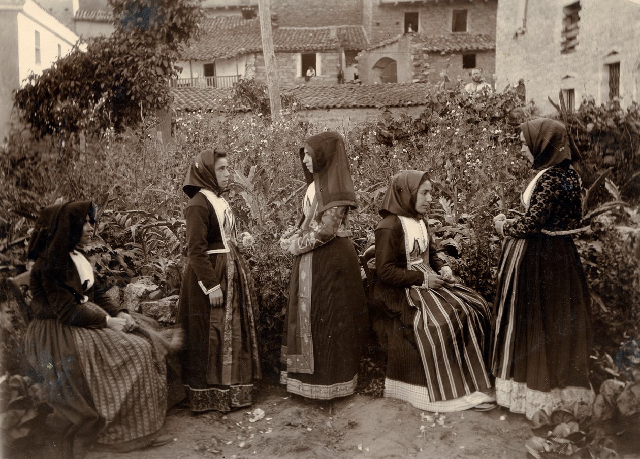 Gruppo di donne con costumi tradizionali in giardino, Sardegna, Italia da Italian Photographer