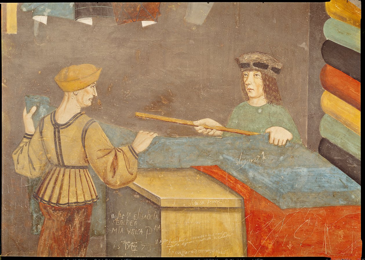 Un mercante di stoffe che misura la stoffa da Italian School