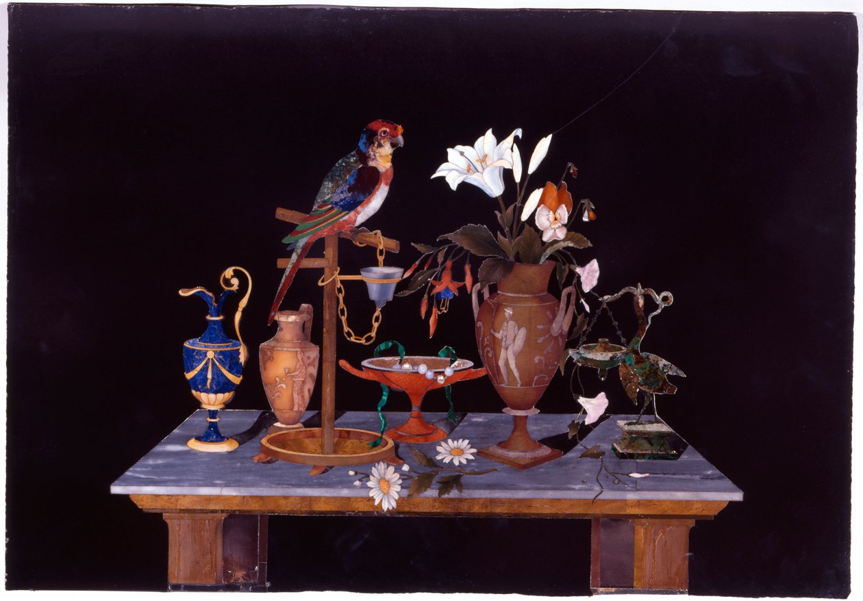 Una placca fiorentina in pietra dura con un pappagallo sul suo trespolo su un tavolo con un vaso etrusco, un vaso di fiori e brocche, c.1870 da Italian School
