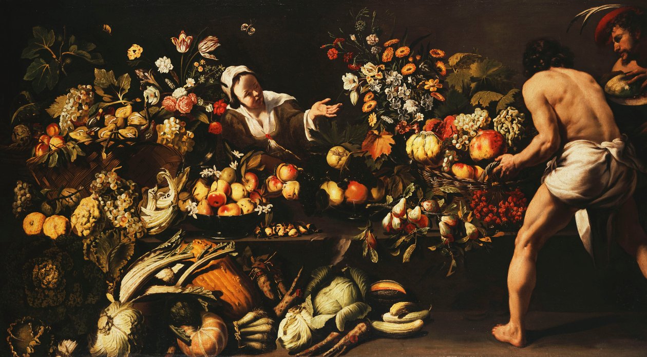 Una dispensa piena di verdure, fiori e frutta da Italian School