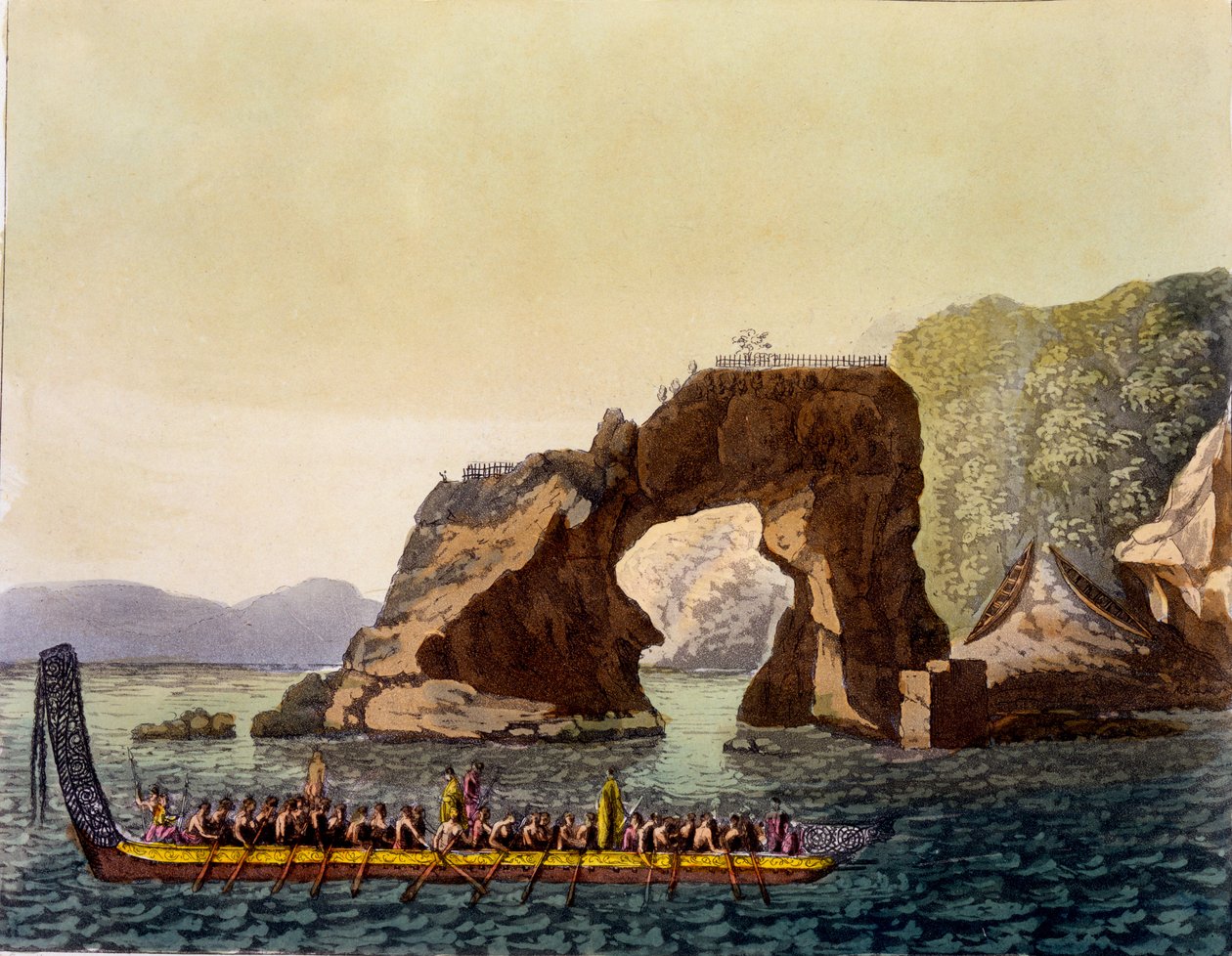 Un punto di osservazione fortificato Maori in Nuova Zelanda, combinato con una canoa da guerra Maori, 1820-30 da Italian School