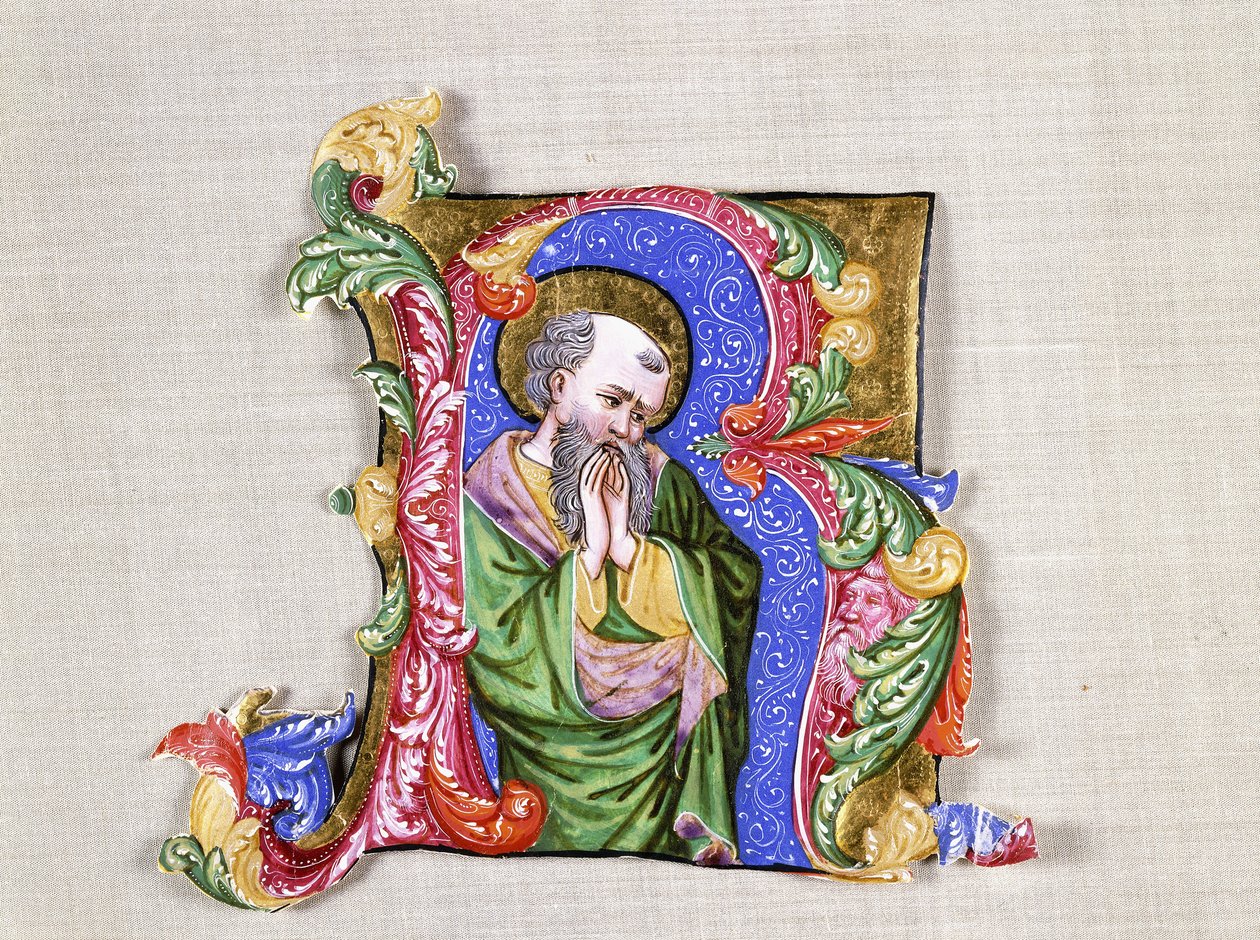 Un santo in preghiera, una grande iniziale istoriata R, c.1400 da Italian School
