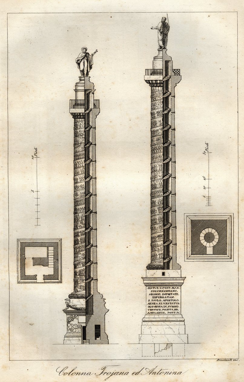 Sezione trasversale della Colonna Traiana (Colonna Traiana) (113 CE) e della Colonna di Antonino Pio (161 CE) a Roma - incisione da 