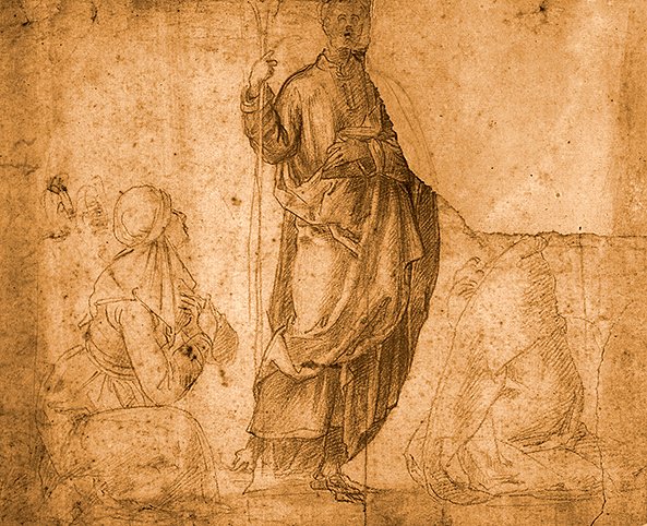 Un santo con due donne inginocchiate (gesso rosso su carta) da Italian School