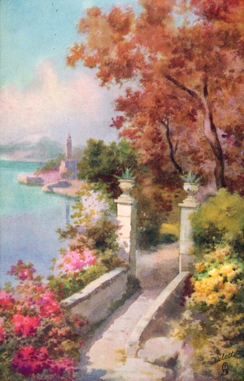 Una villa sul Lago Maggiore, Italia (litografia a colori) da Italian School