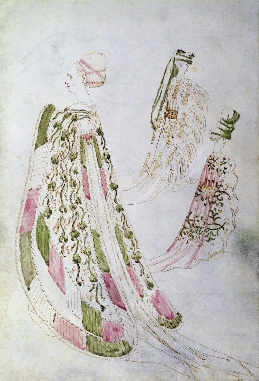 Una donna e due uomini con cappotti lunghi, c.1450 da Italian School