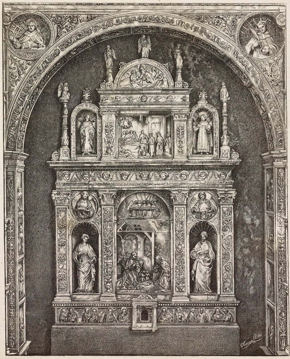 Altare nella chiesa di Santa Cita, di Antonello Gagini, Palermo, incisione da disegno di G Cavallotti, da L
