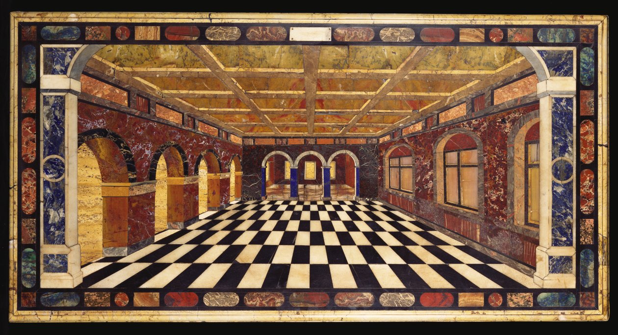 Tavolo in marmo intarsiato di pietre dure italiane raffigurante una scena d