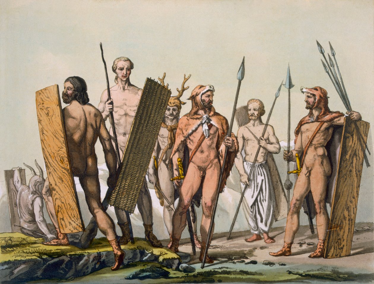 Antichi guerrieri celtici vestiti per la battaglia, con uno sciamano, c.1800-18 da Italian School