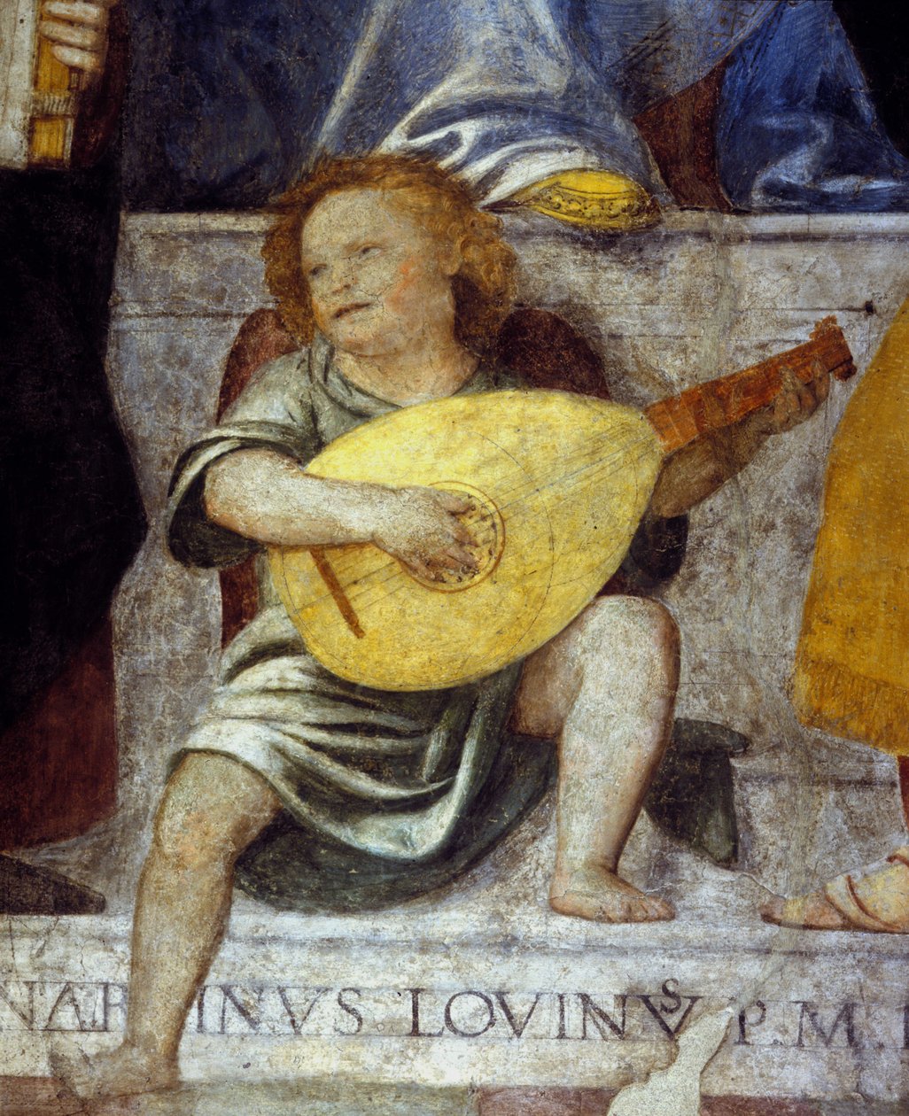 Angelo musicista che suona il liuto. Dettaglio di un affresco del XVII secolo da una chiesa di Milano da Italian School